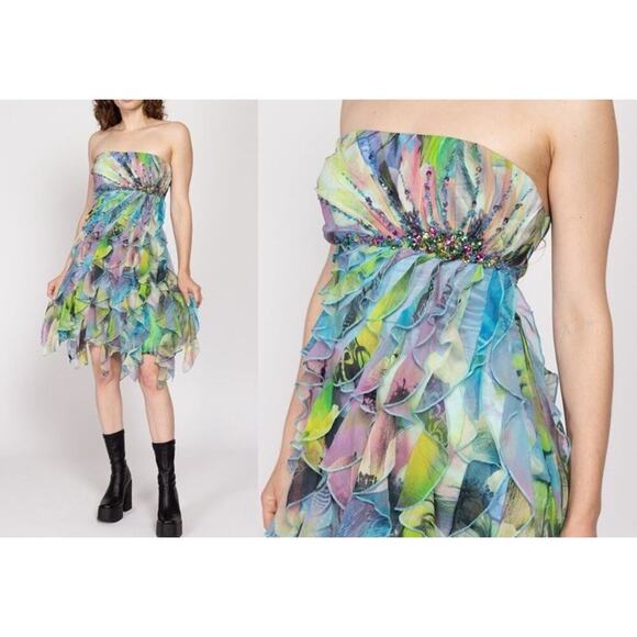 VTG Y2K 90s Fairycore cache Floral Asymmetrical Dress Beaded Strapless Sz 2 - Picture 1 of 14